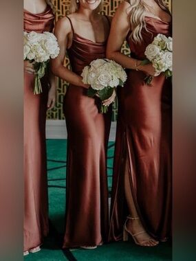 Revelry Skye Satin Cowl Neck Dress in Cinnamon Rose